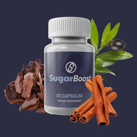 SugarBoost supplement bottle with cinnamon and natural ingredients